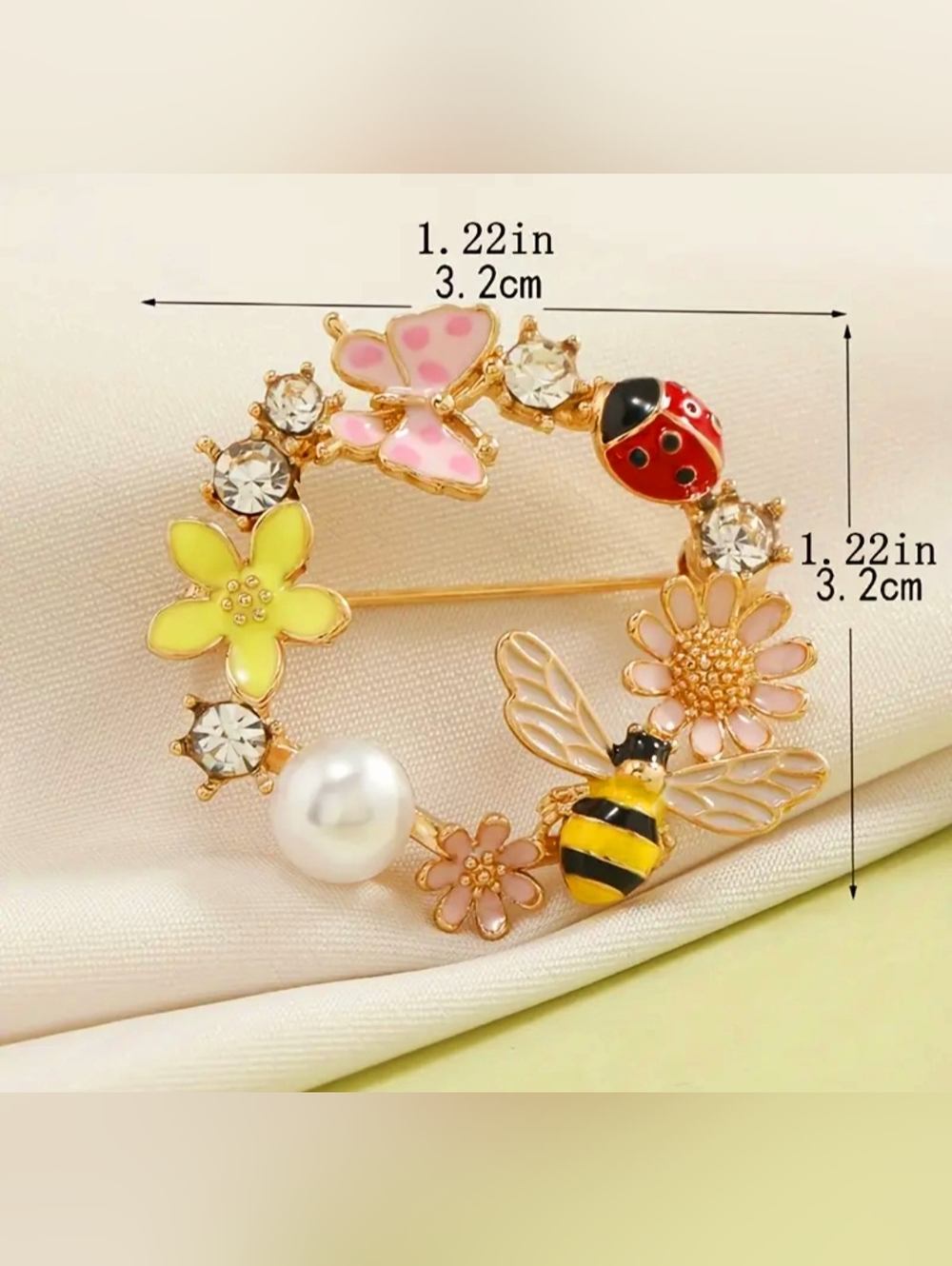 Wreath Floral Brooch with Bee, Ladybug, and Pearl - Picture 2 of 6
